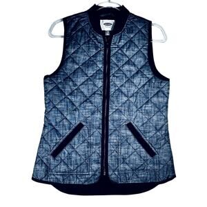 Old Navy Vest Woman’s Sz XSmall Chambray Print Quilted Zip Pockets Rib Collar